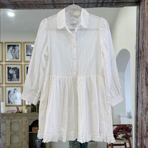 Chic White Button-Up Linen Blend Long Sleeve Mini Dress